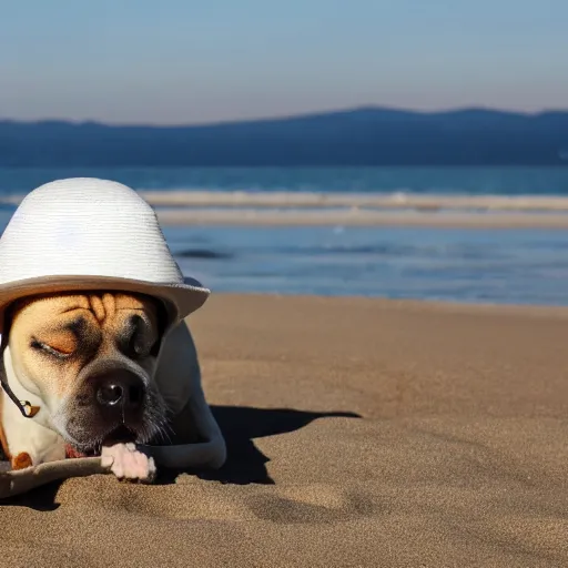 Image similar to Dog with hat on the beach having a picknick