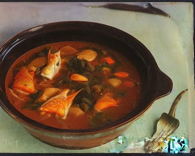 Prompt: rebecca's rank fish stew, 1 9 2 0 s photograph, colorized