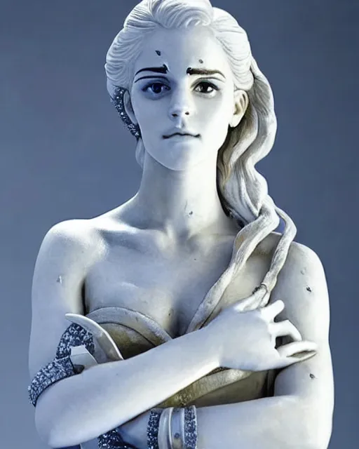 Image similar to portrait of a white marble statue adorned with silver and diamonds of emma watson in mad max, photo by studio ghibli, beautiful, cute, anime artstyle, amazing lighting