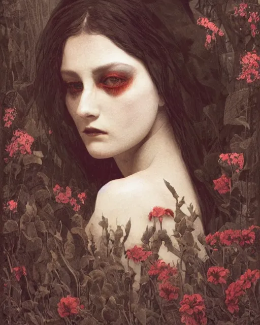 Image similar to a beautiful but sinister and creepy woman in layers of fear, with haunted eyes, violence in her eyes, 1 9 7 0 s, seventies, delicate embellishments, a little blood, woodland, moonlight shining on wildflowers, painterly, offset printing technique, by alexandre cabanel