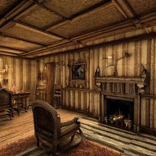 Image similar to a highly detailed realistic old world gothic cottage interior with fireplace, wooden chairs, leather chairs, old wood, night, warmth, photorealistic, insanely detailed and intricate, epic, volumetric haze, hyper realistic, elegant, ornate, elite, horror, creepy, ominous, haunting, cinematic lighting, metal plate photograph, orange, unreal engine, symmetrical, cinematic centered camera, high detail by Isaac Levitan, Frederic Church and Vasily Perov