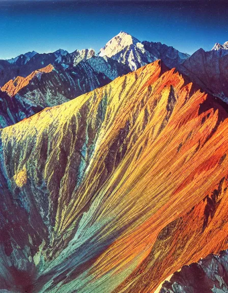 Prompt: vintage color photo of Cordillera De Los Andes covered in liquid gold reflecting light, 8k definition