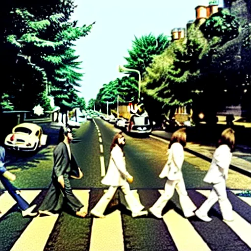 Prompt: The Beatles running across Abbey Road, 1969