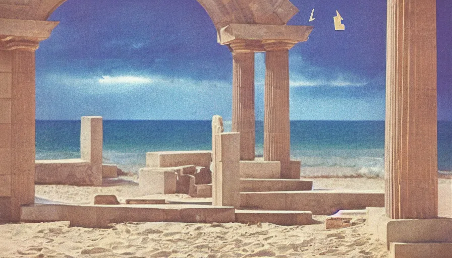 Image similar to A 1985 vintage magazine architecture photo of a beach doric temple, mediterranean architecture, refracted lines and sparkles, thunderstorm outside, beach on the background major arcana sky and occult symbols, hyperrealistic, award-winning, 1985