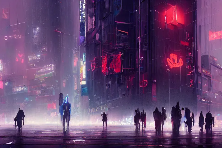 Image similar to dramatic artstation illustration of a crowd surrounding a giant holographic avatar at a city intersection by greg rutkowski, cyberpunk, raining