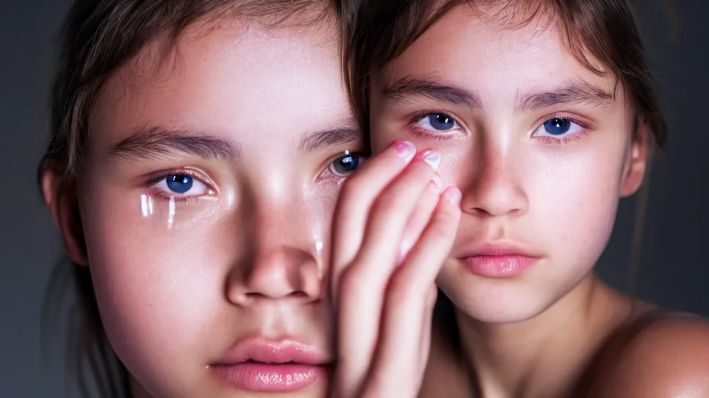 Prompt: in the foreground is a transparent glass of water, in the background is the face of a beautiful girl, 4 k photo with sony alpha a 7 by unknown photographer.