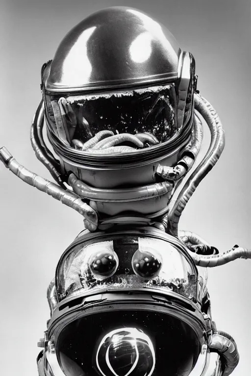 Image similar to extremely detailed studio portrait of space astronaut, alien tentacle protruding from eyes and mouth, slimy tentacle breaking through helmet visor, shattered visor, full body, soft light, plain studio background, disturbing, shocking realization, award winning photo by richard avedon