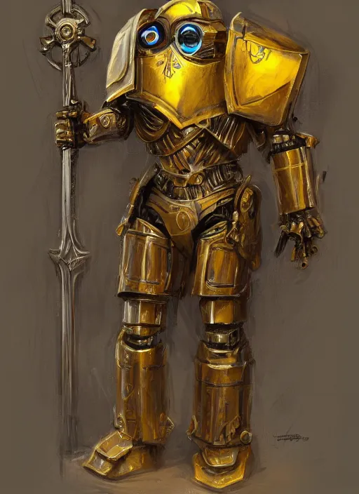 Image similar to dynamic portrait of a intricate glorious holy mechanical warforged pit droid character in yellow armor holding a paladin engraved great longsword and carrying a big shield, epic , trending on ArtStation, cinematic lighting, by Jesper Ejsing