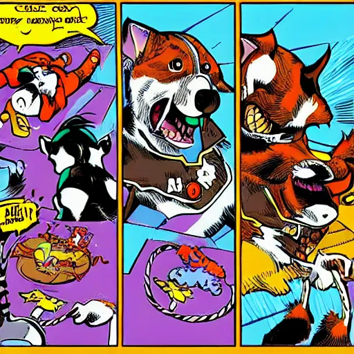 Image similar to super cat fighting dogs, comics style, computer art, high detail