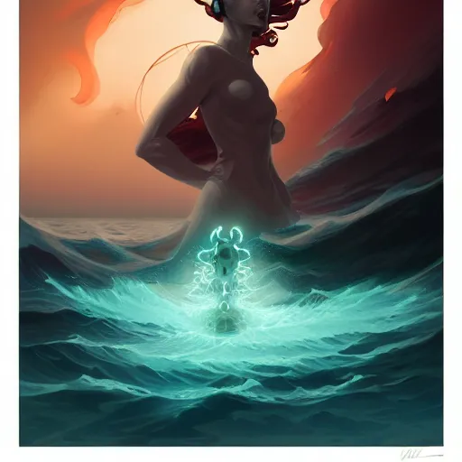 Image similar to in the style of Steve Niles, Joshua Middleton, Peter Mohrbacher and artgerm, Chtulhu rising from the water staring at a boat, Lovecraftian, ocean, night, storm, lighting, terror, horror