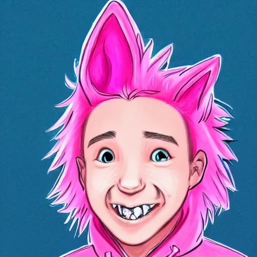 Image similar to a highly detailed portrait drawing of a cute teen boy with pink hair and pink wolf ears, smiling, waring a collar and a hoodie, artstation, fantasy