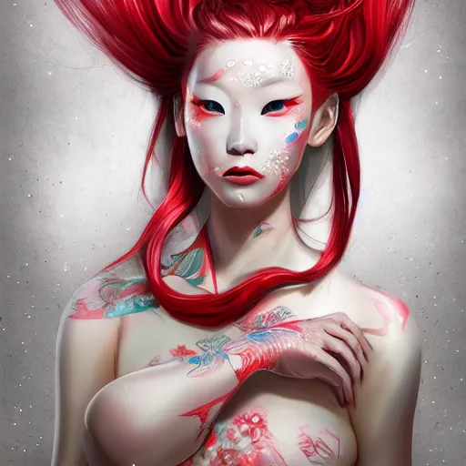 Image similar to albino maiko as a mermaid with very long hair, red and white neon, concept art, intricate details, highly professionally detailed, cgsociety, highly detailed -