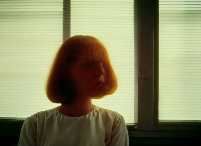 Image similar to close-up color film photography 1970s, long shot, young ginger woman in office with the shadow of the blinds on her face, soft focus, golden hour, soft light, 35mm, film photo, Joel Meyerowitz