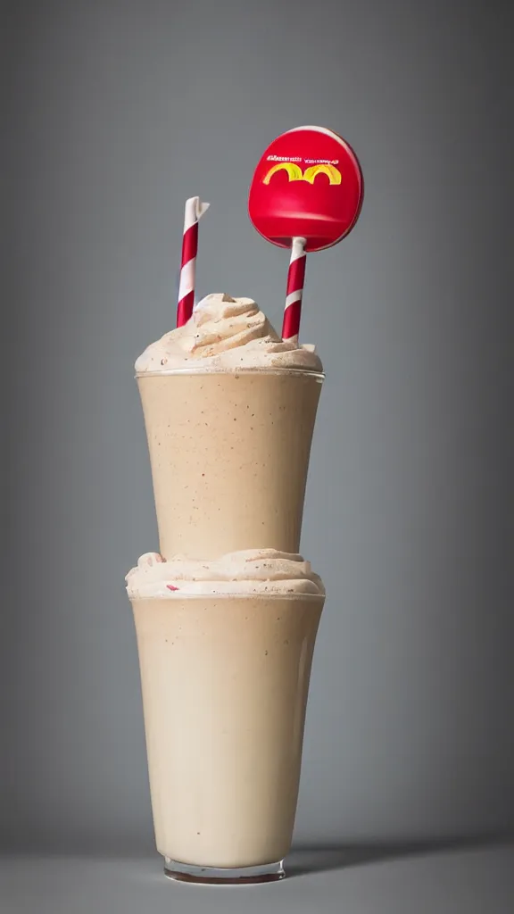 Prompt: a studio photograph of a McDonald’s milkshake lit cinematically, medium-angle lens, high contrast, highly detailed, sharp focus,