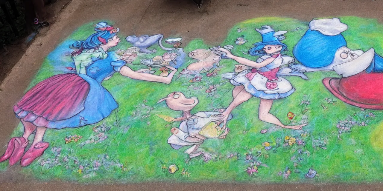 Image similar to a sidewalk chalk painting of alice in wonderland