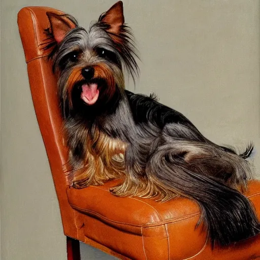 Prompt: an old happy brown and gray Yorkshire terrier dog lounging in a leather chair, long hair, extremely detailed masterpiece, oil on canvas, by Norman Rockwell,