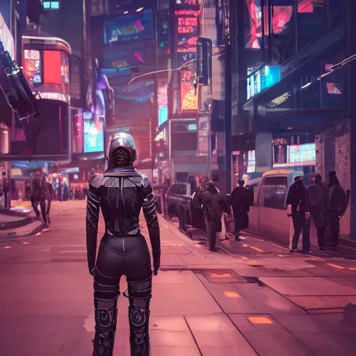 Prompt: trending on artstation 4k, unreal engine render, beautiful illustration of military woman standing in cyberpunk city