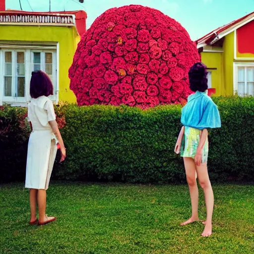 Image similar to giant flower head, full body, girl standing in front of house, surreal, symmetry, mid century, bright colours, blue sky, realistic, wes anderson