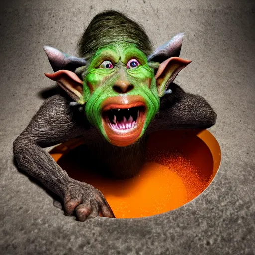 Prompt: Camera footage of an Evil Goblin coming out of a Toilet bowl, 4k, realistic, full image, full body