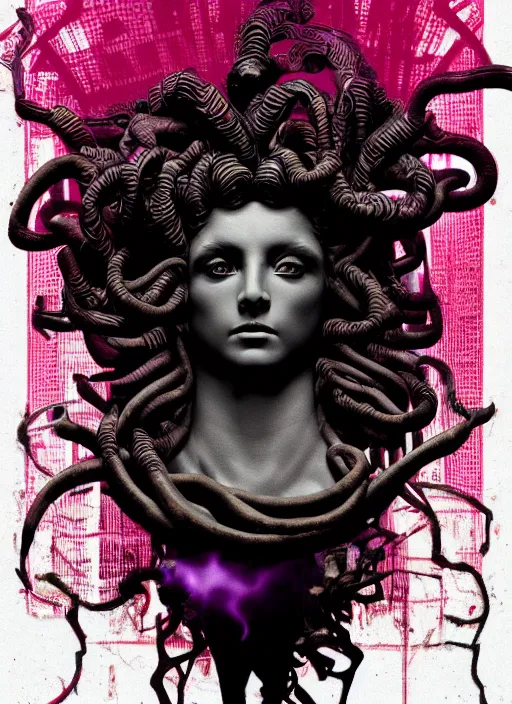 Image similar to dark design poster showing a statue of medusa, black background with very subtle red and purple design elements, powerful, nekro, vito acconci, thin straight lines, dark, glitch art, neo vaporwave, gritty, layout frame, square, trending on artstation