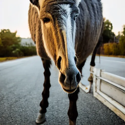 Image similar to portrait of a donkey on rollerskates, canon eos r 3, f / 1. 4, iso 2 0 0, 1 / 1 6 0 s, 8 k, raw, unedited, symmetrical balance, wide angle