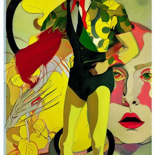 Prompt: art by joshua middleton, the yellow creeper, a tall manically smiling yellow - skinned man with green and black striped cycling shorts and wearing a long red feather boa, yellow makeup, mucha, kandinsky, poster, comic art, stylised design