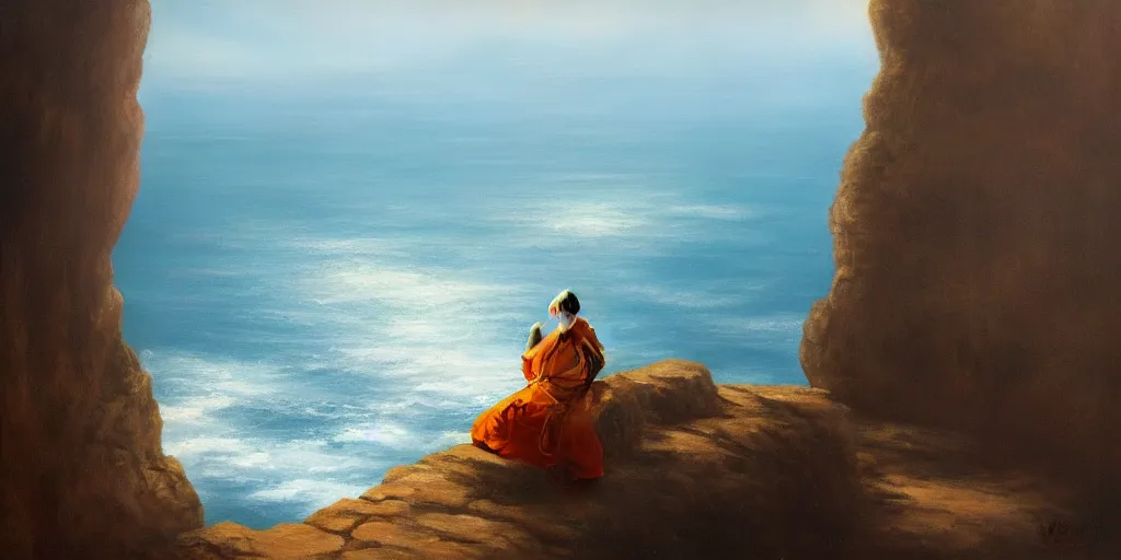 Image similar to A cliff with a narrow ledge looks out onto a vast ocean a monk sits on the ledge in the lotus position, cinematic lighting, detailed oil painting, hyperrealistic, 8k