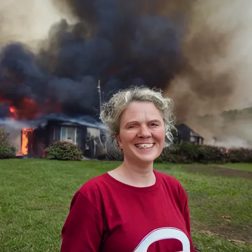 Image similar to a photo of a house burning down in the background and a woman with an eerie smile in the foreground, strong depth of field