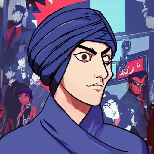 Image similar to A young man wearing a blue turban, beardless, shaven face, middle-eastern, in the style of Persona 5, Persona 5, Persona 5 artwork