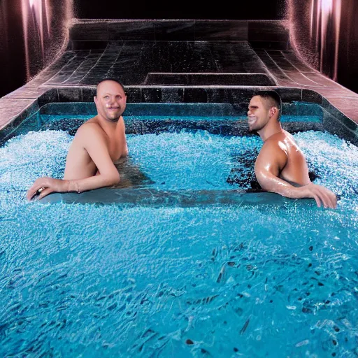 Image similar to Photograph of two guys in a hot tube sitting five feet apart. High resolution. Highly detailed.