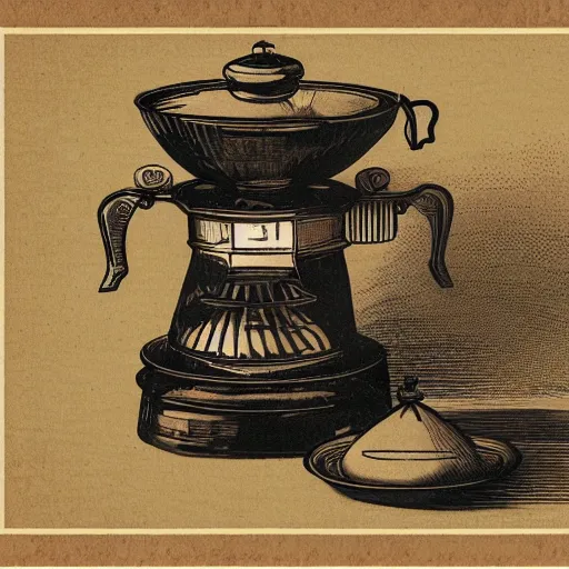 Image similar to a detailed diagram of an Italian biletti coffee maker macchinetta in Japanese illustration style, extreme detail