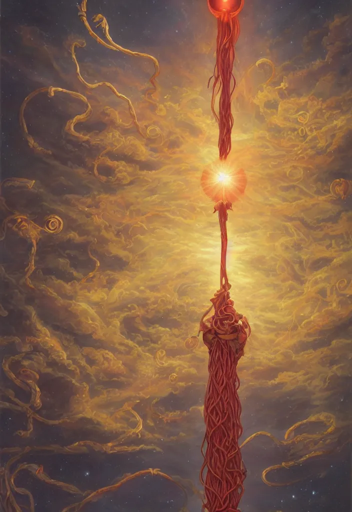 Prompt: the sun, suspended on a hanging sword, caught between red and blue intertwined snakes, night sky is filled with 1 3 bright stars, a rainbow in the distance, the ground covered in quartz crystal growths, tarot, wiccan, magic, dynamic lighting, emotional, hyper detailed, art by christophe vacher, 8 k