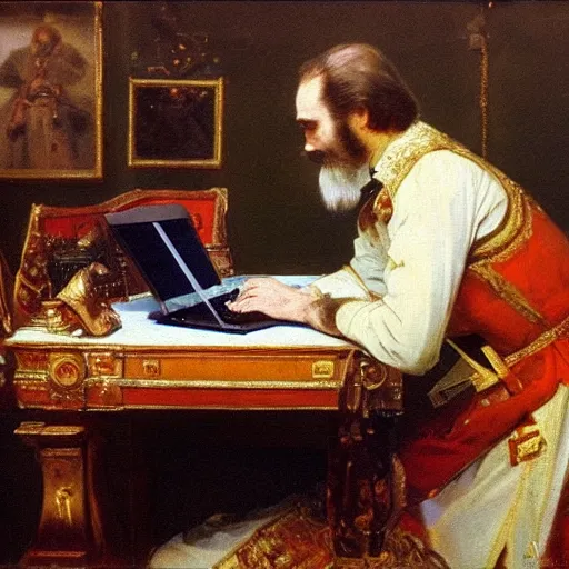 Prompt: russian tsar Peter The Great 18th century installs operating system ubuntu on desktop computer laptop by vasnetsov and surikov serov, JEAN-VICTOR BERTIN, by Terence Cuneo, detailed, artfully traced, 4k resolution, cinematic, dramatic