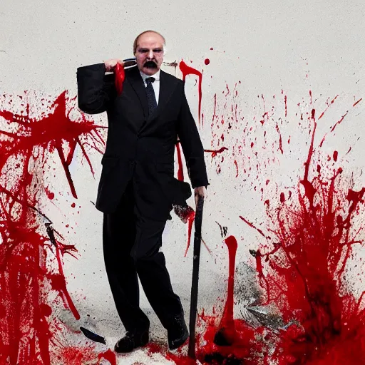 Prompt: Alexander Lukashenko as the American Psycho, staring psychopathically, sweating hard, holding an axe, covered in blood, cinematic still