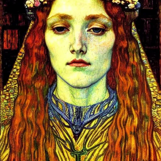 Prompt: detailed realistic beautiful young medieval queen face portrait by jean delville, gustav klimt and vincent van gogh, art nouveau, symbolist, visionary, gothic, pre - raphaelite, beautiful muted earthy colors