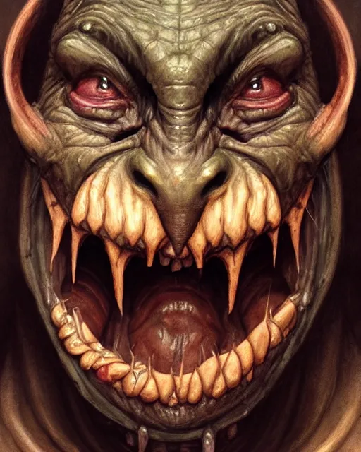 Image similar to closeup profile face portrait of a medieval goblin eating cakes in the cathedral, beautiful face, hyper realistic, highly detailed, digital painting, artstation, illustration, concept art by hyung tae, frank frazetta, bosch, giger, digital paint, matte paint, washed colors, dark, gloomy, detailed and intricate environment