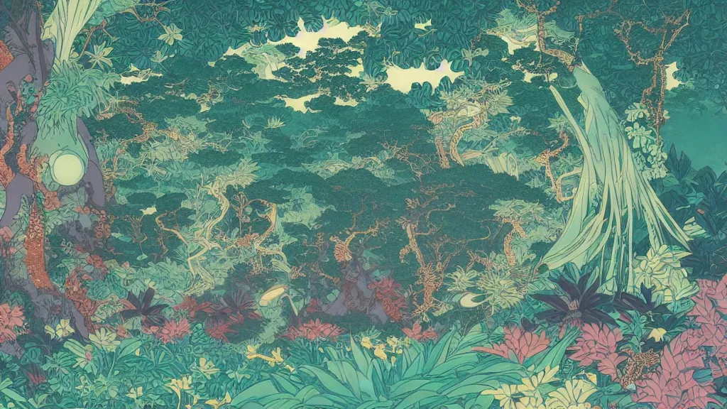 Image similar to a glowing magical jungle in the style of hokusai, firefly, fantasy, nature, pastel, digital art.