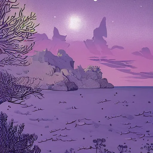 Image similar to sea under starry sky with reefs, collage, light purple tones, animated film, layers visible, stylised, illustration, fantasy art, 2 d game art, by eyvind earle, scott wills, genndy tartakovski, roman shipunov, etienne hebinger, atey ghailan, cgsociety, cynical realism