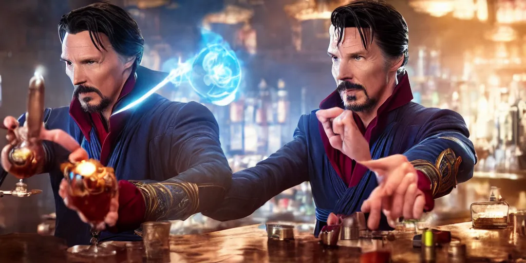 Image similar to film still of Doctor Strange working as a bartender in the new Avengers movie, 4k