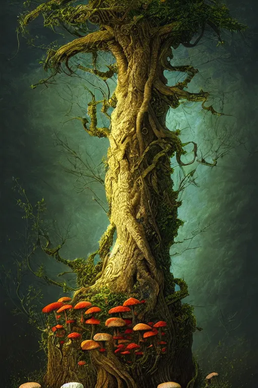 Prompt: a beautiful digital illustration painting of a detailed fantasy tree trunk and roots, mushroom, flowers by benoit b. mandelbrot, steven belledin, martin johnson heade, lee madgwick, caspar david friedrich, and david rios ferreira. 8 k resolution trending on artstation concept art digital illustration