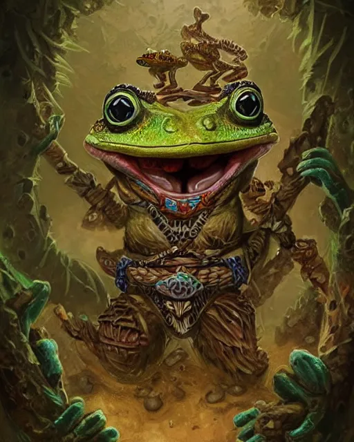 Prompt: digital painting of an aztec frog monster warrior by filipe pagliuso and justin gerard, symmetric, fantasy, detailed, intricate, portrait, sharp focus, tarot card, handsome, gwent