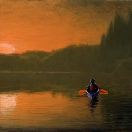 Prompt: surgeon in a canoe rowing towards a distant portal, hyperrealistic, detailed, sunset