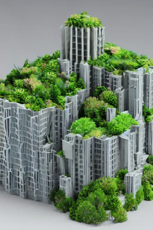 Image similar to 3 d printed physical model organic flowy including more than one city into one vertical building model that sits on a table in a room with a view back, multiple stories, transparent, with vegetation, colorful, eye - level view, 8 0 k, octane render, highly detailed 3 d render,