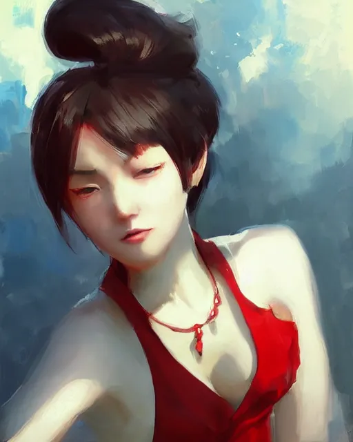 Prompt: elegant ada wong in a red cottagecore dress, portrait, illustration, rim light, top light, summer clear blue sky, perfectly shaded, soft painting, art by krenz cushart and wenjun lin