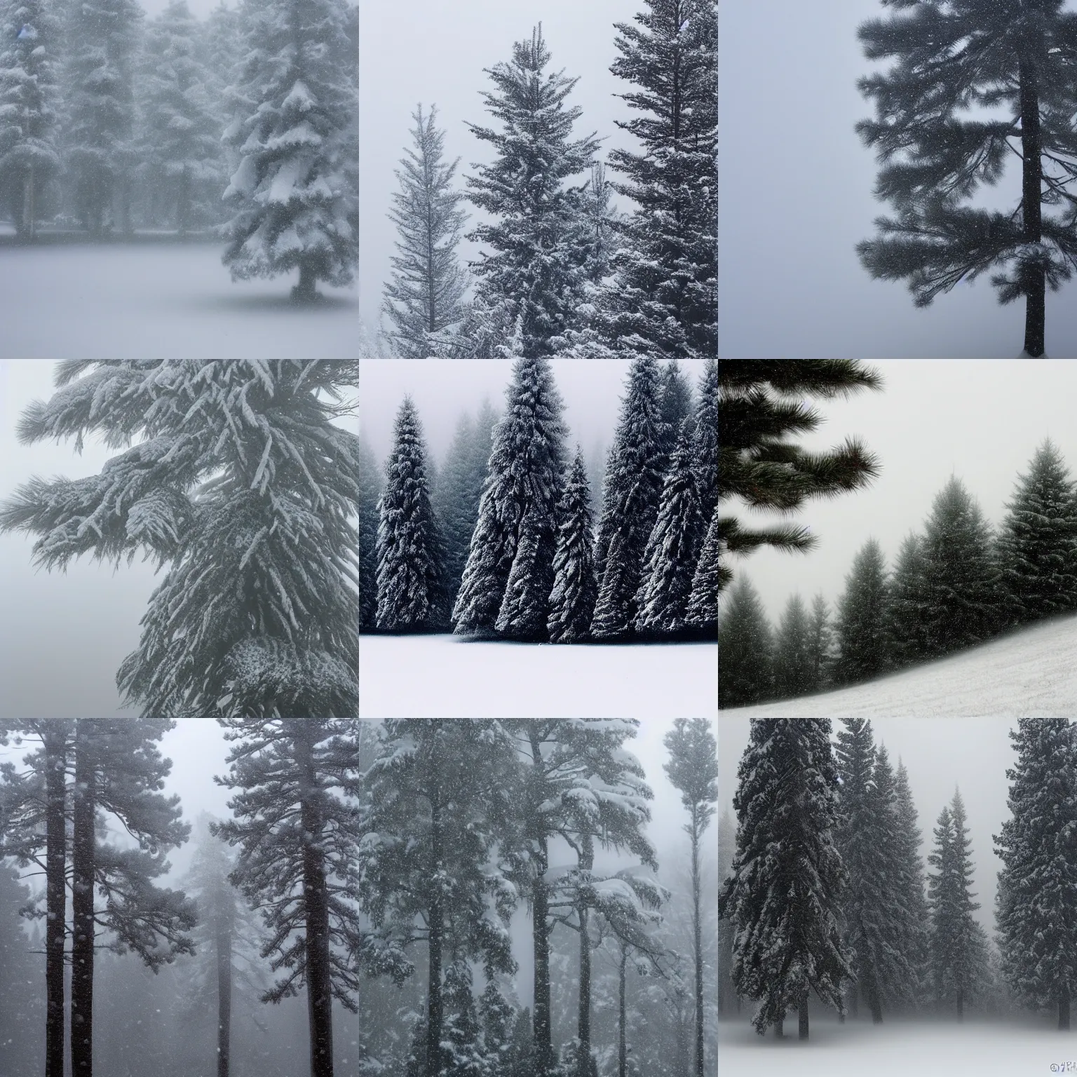 Prompt: snowy pine tree landscape, foggy