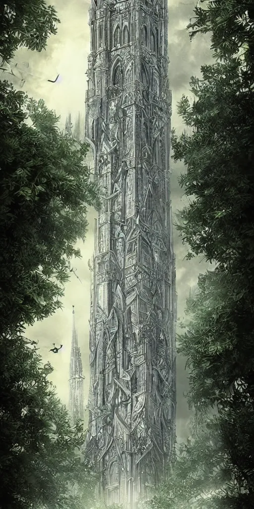 Image similar to elven architecture, tower made of silver, beautiful, tall, digital art