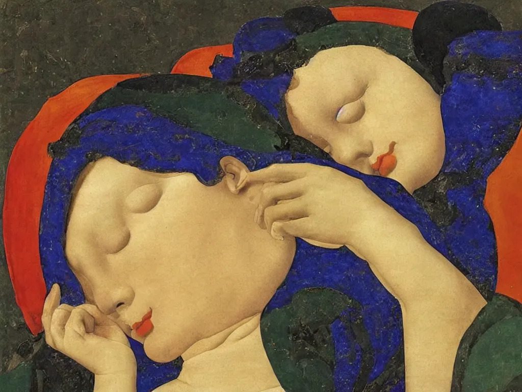 Image similar to portrait of a sleeping woman head. lapis lazuli, malachite, cinnabar, gold. painting by piero della francesca, balthus, agnes pelton