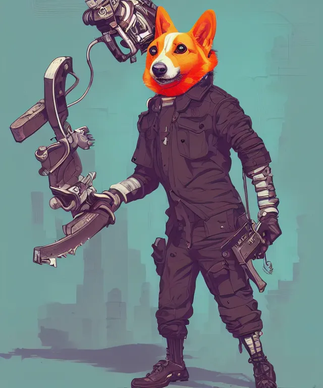 Image similar to a portrait of an anthropomorphic! cyberpunk corgi! holding a chainsaw, fantasy, elegant, digital painting, artstation, concept art, matte, sharp focus, illustration, art by josan gonzalez