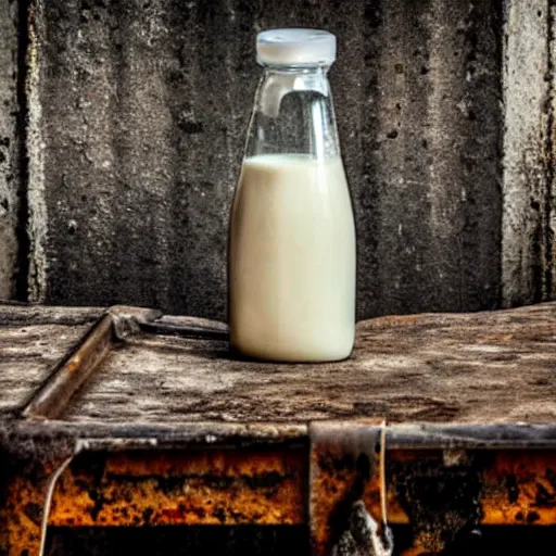 Image similar to bottle of milk, over a rusted metal table inside slaughterhouse