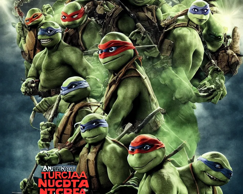 Image similar to a horror movie poster featuring teenage mutant ninja turtles
